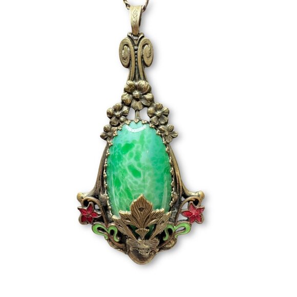 Art Nouveau Czech Peking Glass Pendant Necklace Brass Enamel Gold Filled - Picture 3 of 8